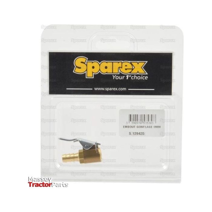 Blister pack labeled "Sparex" containing a Valve Connector 8mm (1 pc. Agripak) with a barcode and part number S.129425 on a white background, also compatible with Agripak models.