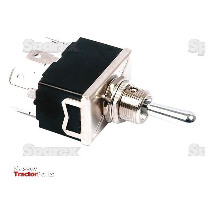 Close-up of a metal toggle switch featuring a threaded mounting shaft, four spade terminals, and a black plastic base. The "Sparex" and "Massey Tractor Parts" logos can be seen in the background, indicating its 20 amps capacity. The product is identified as the Toggle Switch, (On)/Off/(On) Sprung Centred | Sparex Part No.S.20969 from the brand Sparex.