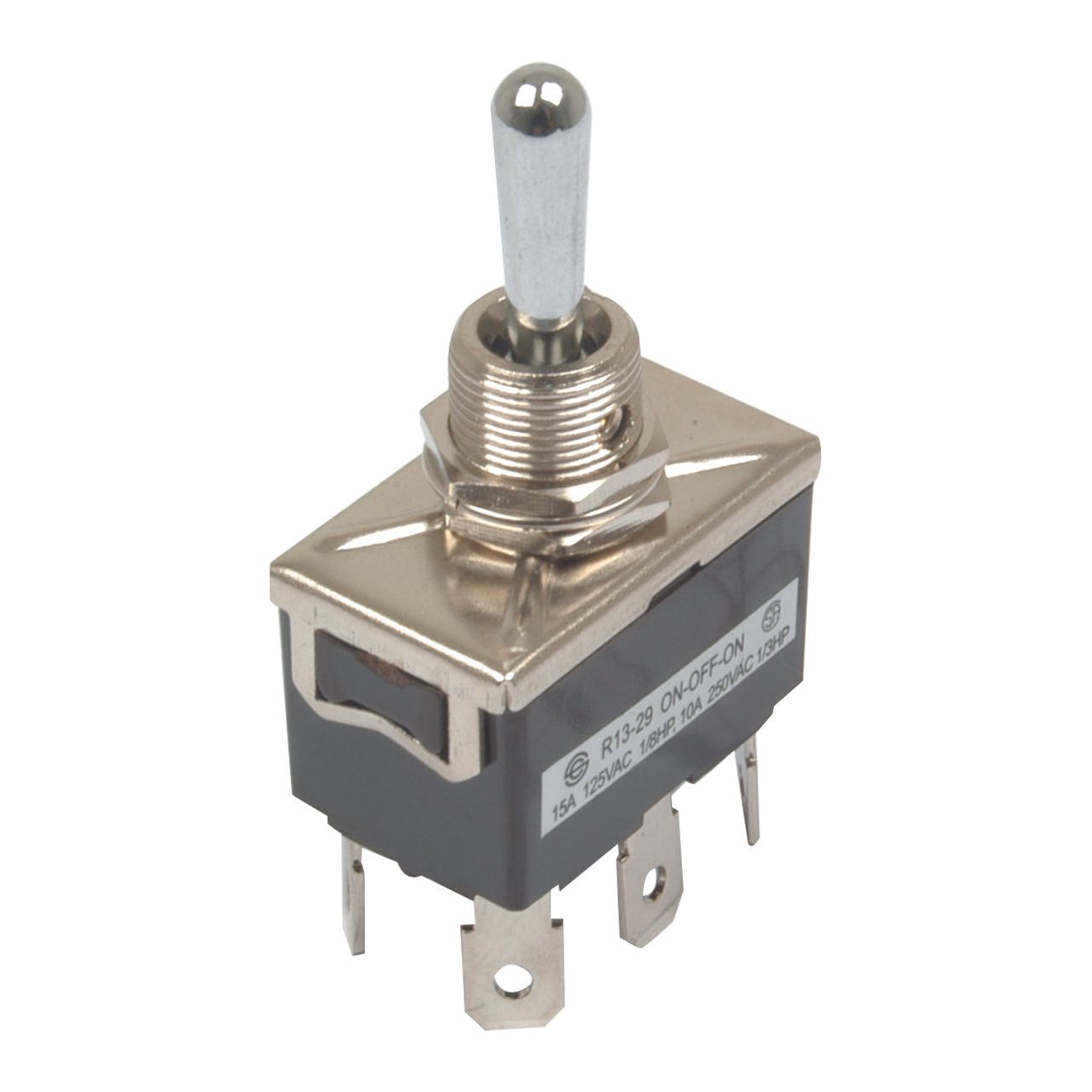 The Sparex Toggle Switch (Part No. S.79139) features a metal toggle, three prongs, and a black base with an ON-OFF-ON label. Designed for electrical applications, it includes spade terminals for secure connections. This switch is ideal for integration in Massey Ferguson machinery or other agricultural equipment.