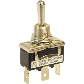 A Sparex Toggle Switch, labeled R13-29 with three spade terminals, featuring (On)/Off/(On) positions, rated at 20A 12VDC and 10A 24VDC, available under Sparex Part No.S.18000.