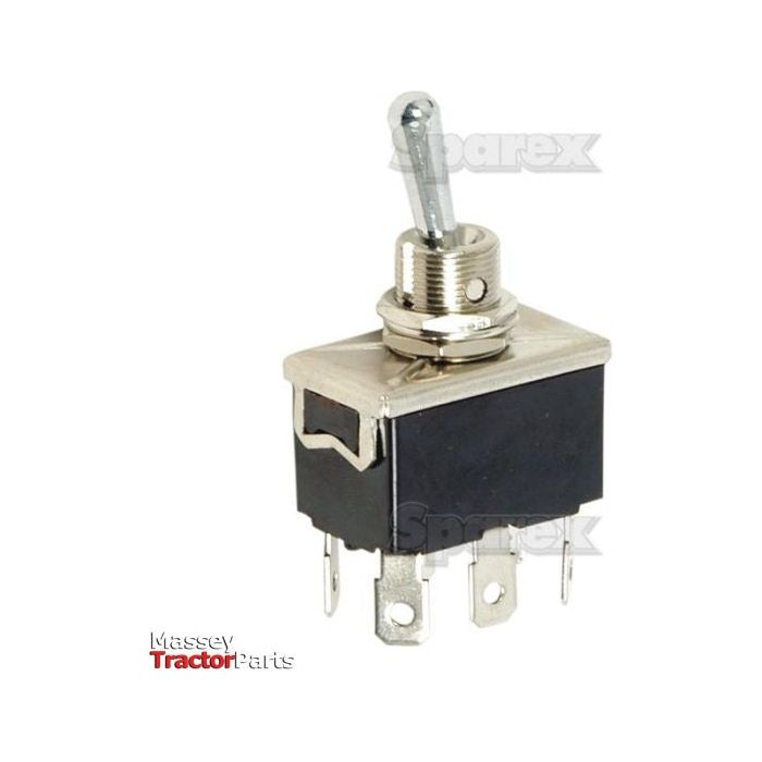 A Sparex Toggle Switch, On/On (Part No. S.20968) with a black base featuring four spade terminals, suitable for electrical installations and equipment, displayed against a white background.