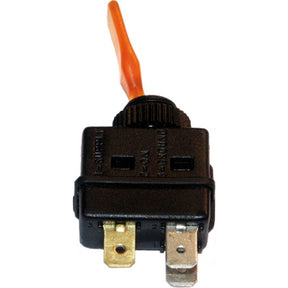 Close-up view of the Sparex Toggle Switch - Universal Fitting, 3 () - S.26012 featuring a 12V rating with a black casing and an orange lever. This latching switch includes two metallic terminals at the bottom, ensuring universal fitting.