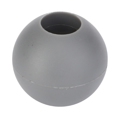 A close-up view of a small, gray, spherical object with a circular hole at the top, reminiscent of intricate components found in Massey Ferguson Combine models, specifically the Massey Ferguson Toggle Table Auger Finger (D28260314) by AGCO.