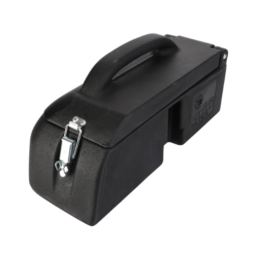 The AGCO Massey Ferguson - Tool Box - 3786754M91 is a black plastic storage box featuring a top handle and front latch, perfect for organizing your tractor parts. It is compatible with various models, including Massey Ferguson.