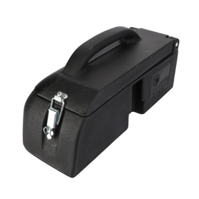 The AGCO Massey Ferguson - Tool Box - 3786754M91 is a black plastic storage box featuring a top handle and front latch, perfect for organizing your tractor parts. It is compatible with various models, including Massey Ferguson.