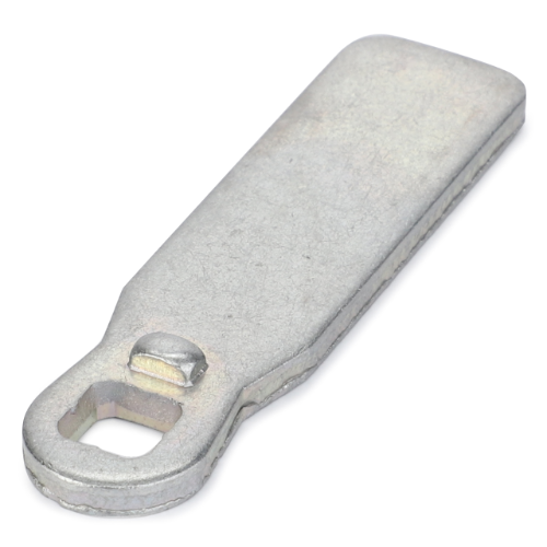 A metal tool with a flat, rectangular shape, featuring a hole near one end meant for attachment or usage, similar to components found in Fendt Vario models. This product is the AGCO Fendt - Tool Box Catch - F411501041010.
