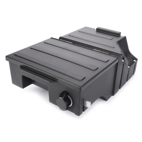 A black plastic car armrest storage box, featuring a sliding cover and a knob on the side, reminiscent of the practical design found in the AGCO Fendt - Tool Box - G411501041011.