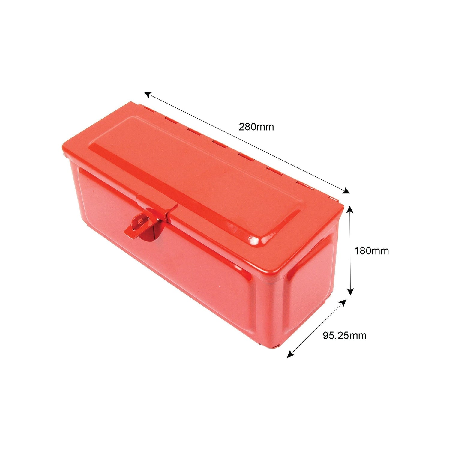 The red, rectangular Tool Box (Sparex Part No. S.42931) from Sparex features a sturdy metal build with a secure latch. Its dimensions are 280mm in length, 180mm in height, and 95.25mm in width.