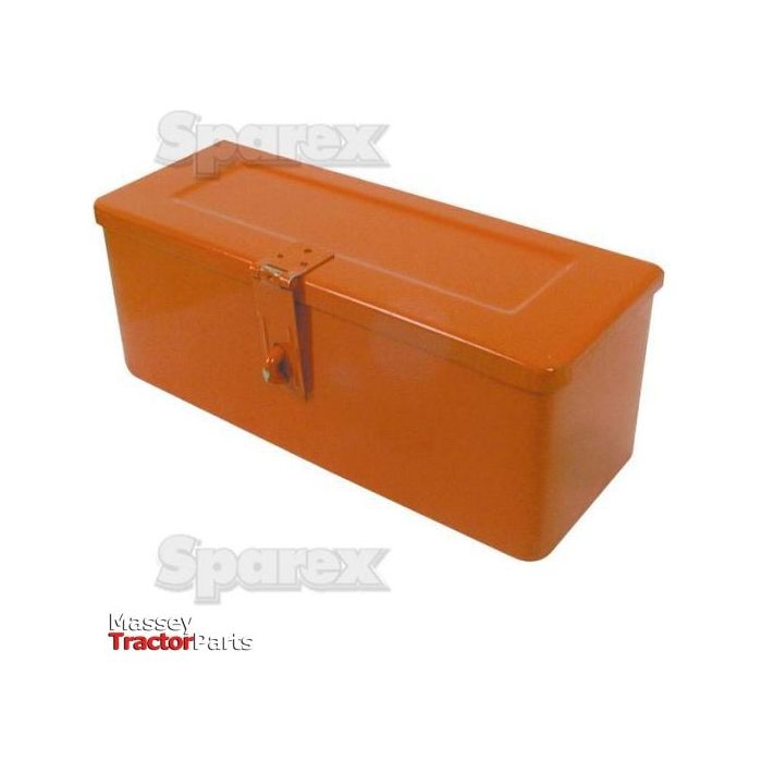 A sturdy orange metal tool box with a latch and reinforcing bands on the top, labeled "Massey Tractor Parts" in the corner, ideal for storing your Sparex essentials. This is the Sparex Tool Box, Part No.S.62247.