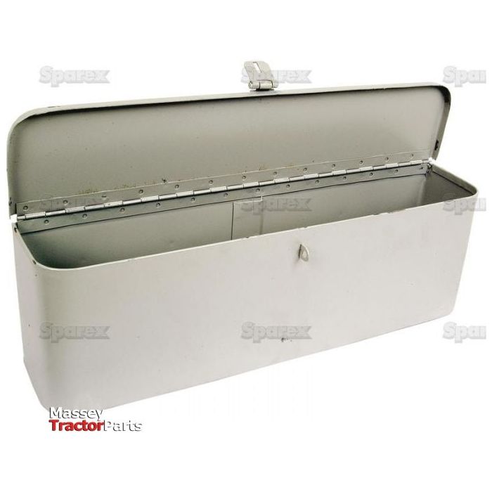 A gray, rectangular metal tool box with a hinged lid in an open position, displaying Sparex branding and Massey Tractor Parts text. Product Name: Tool Box | Sparex Part No.S.66901 Brand Name: Sparex