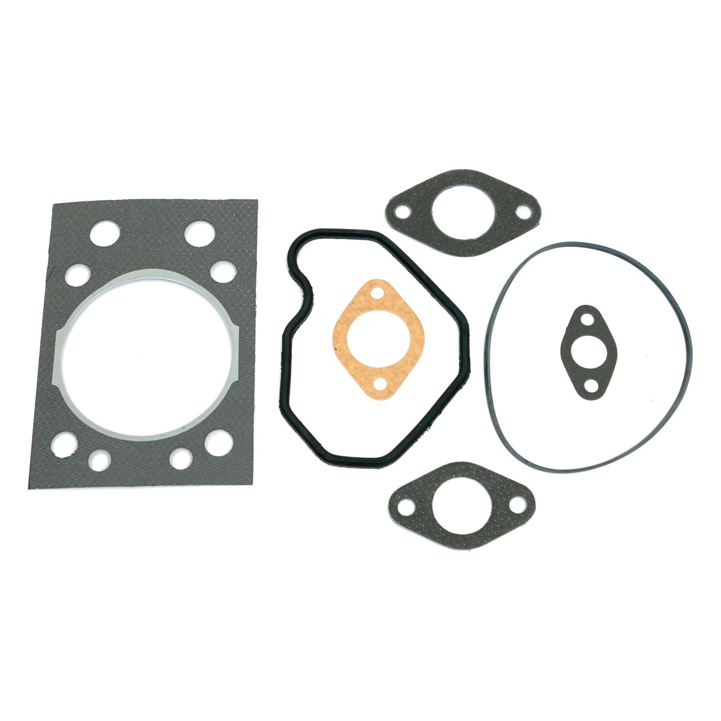 The Top Gasket Set - 1 Cyl., Sparex Part No. S.71288, includes an assortment of gaskets and seals for an engine, featuring a large rectangular gasket, smaller oval and ring-shaped gaskets, and one with a central hole and three smaller surrounding holes. This set is ideal for applications in Zetor or John Deere machinery.