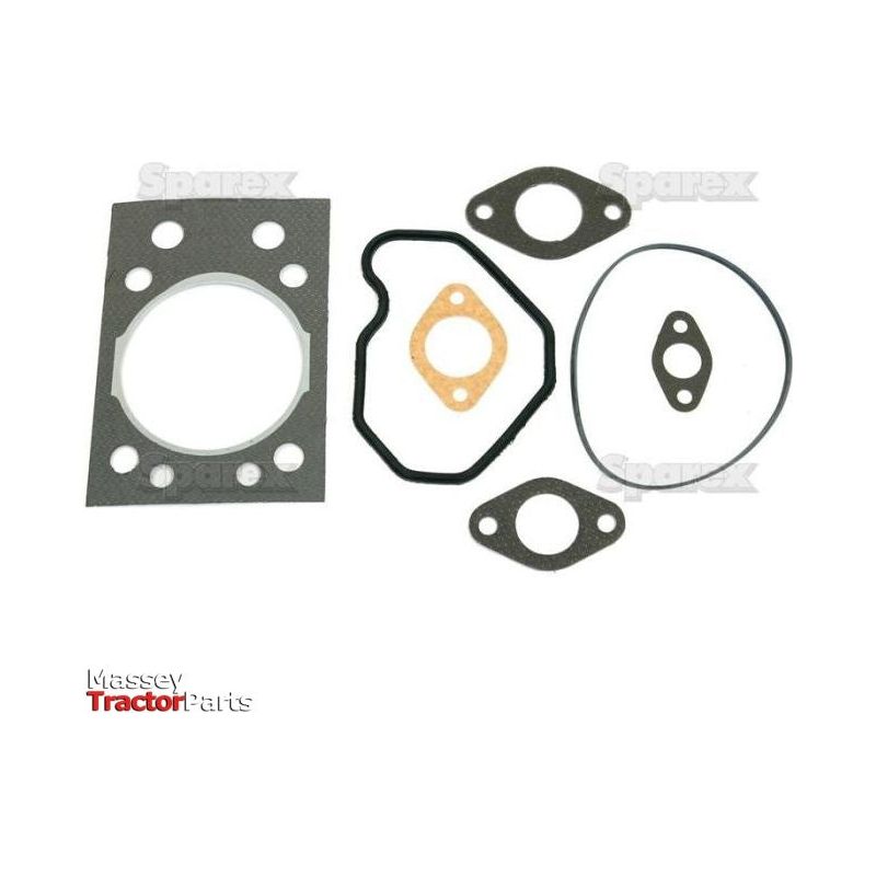 A set of Massey Tractor Parts gaskets laid out on a white surface, featuring various shapes and sizes of rubber and metal gaskets. Also included is the Sparex Top Gasket Set - 1 Cyl. (Sparex Part No. S.71288), suitable for Zetor and John Deere models.