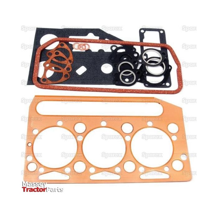 A set of gaskets, including one for a Perkins Engine, is laid out on a white background. The gaskets come in various shapes and sizes, featuring a large rectangular head gasket and small circular ones—all asbestos-free. The image prominently showcases the Massey TractorParts logo alongside the Sparex Top Gasket Set - 3 Cyl. (A3.144, A3.152) | Sparex Part No.S.40588 brand name.