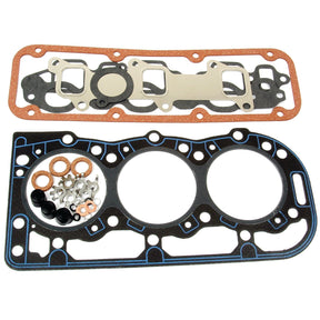 Two engine gaskets are laid flat, with one having additional small metal and rubber components placed on it, resembling the Top Gasket Set - 3 Cyl. (BSD326, BSD329, BSD332, BSD333, BSD666, PowerStar 7.5) by Sparex (Part No.S.65295).
