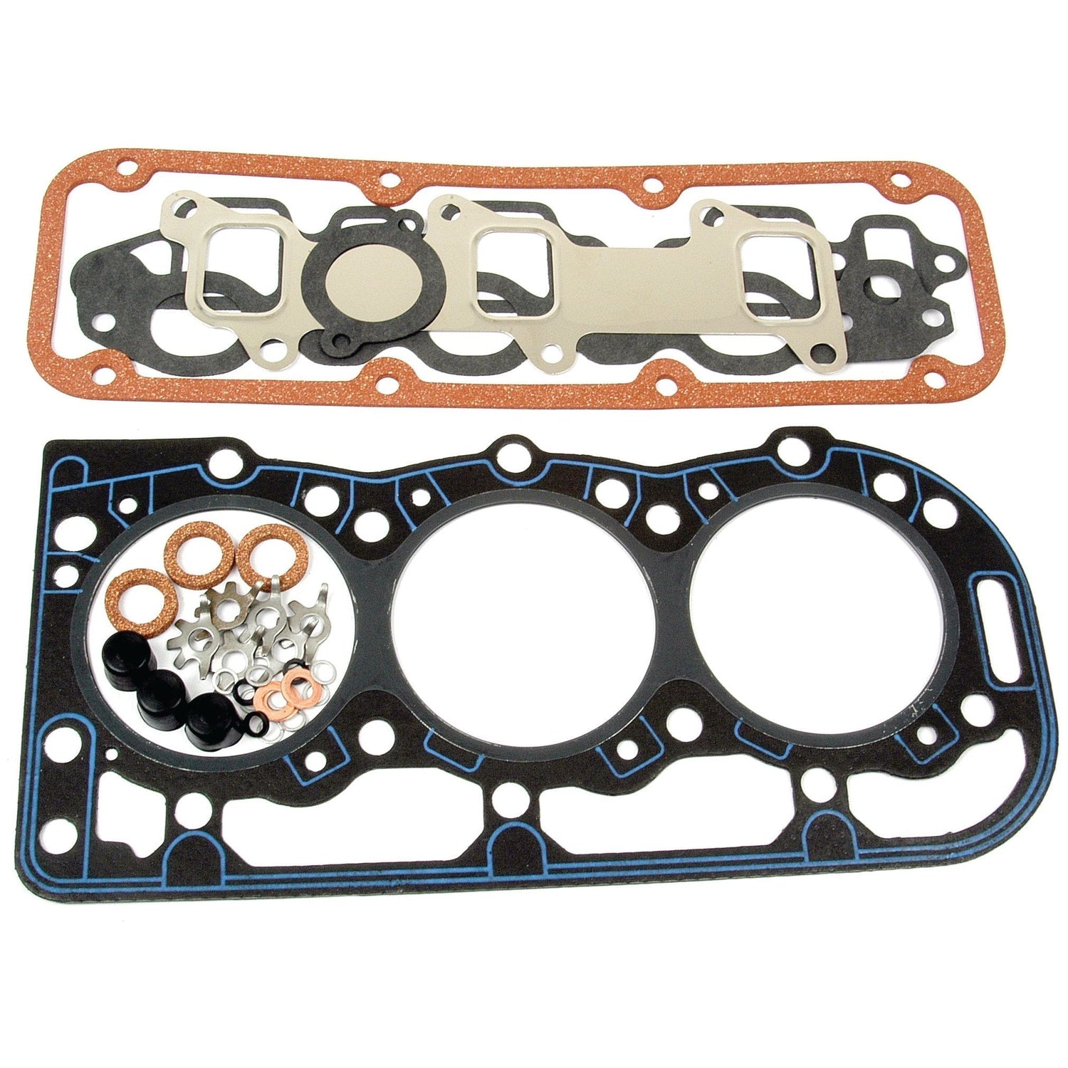 Two gaskets with various small rings and fasteners arranged on a white background. The top gasket, part of the Top Gasket Set - 3 Cyl. (BSD326, BSD329, BSD332, BSD333, BSD666, PowerStar 7.5) by Sparex (Sparex Part No.S.65295), is elongated with multiple openings, while the bottom gasket has two large circular openings designed for effective cylinder sealing.