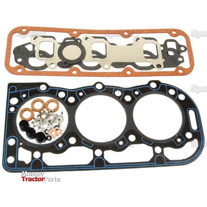 Displayed on a white background, a set of gaskets and seals, including head gaskets and various small seals, features the label "Sparex" in the bottom left corner. This Top Gasket Set - 3 Cyl. (BSD326, BSD329, BSD332, BSD333, BSD666, PowerStar 7.5), Sparex Part No.S.65295 is perfect for your Ford Engine needs.