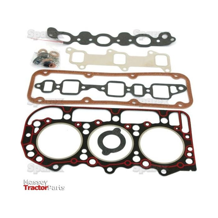 The Sparex Top Gasket Set - 3 Cyl. (BSD326, BSD329, BSD332, BSD333) | Sparex Part No.S.65292 for a Ford Engine is displayed, showcasing an array of shapes and sizes specific to the 3 Cylinder model, accompanied by a small bag of extra components in the background.