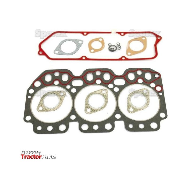 A Sparex Top Gasket Set - 3 Cyl. for Massey tractors, including three large gaskets and one red gasket, along with various smaller gaskets and seals, laid out on a white background. Ideal for 3 cylinder models (Sparex Part No.S.72148).