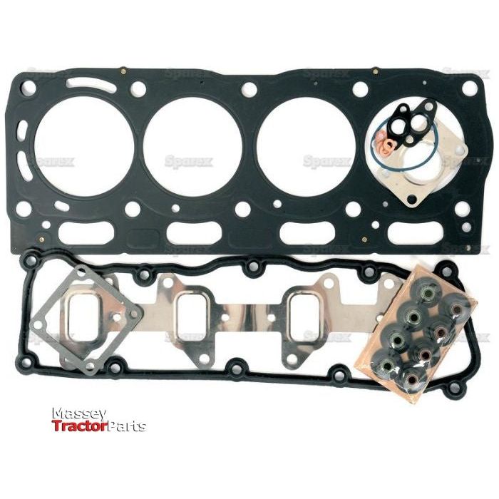 The image displays a set of engine gaskets and seals meticulously arranged on a white background. "Massey Tractor Parts" is printed in the bottom left corner. The Top Gasket Set - 4 Cyl. (1104, 1104DE44T, 1104DE44TA, 1104D44) is provided by Sparex under Part No.S.43914, ensuring premium quality and durability for Perkins engines.