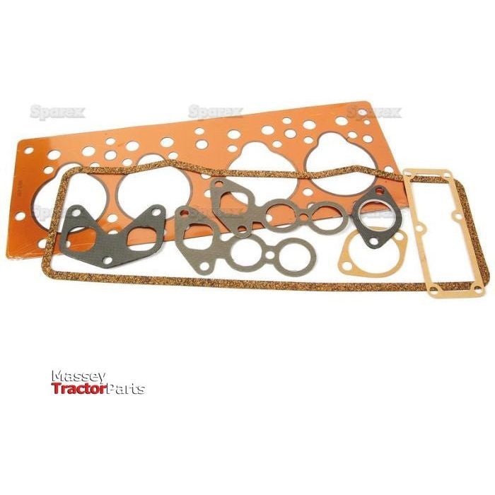 A set of Sparex Top Gasket Set - 4 Cyl. (20C) | Sparex Part No.S.40586, featuring various shapes and sizes, placed on a white background. The bottom left corner shows the Massey Tractor Parts logo.