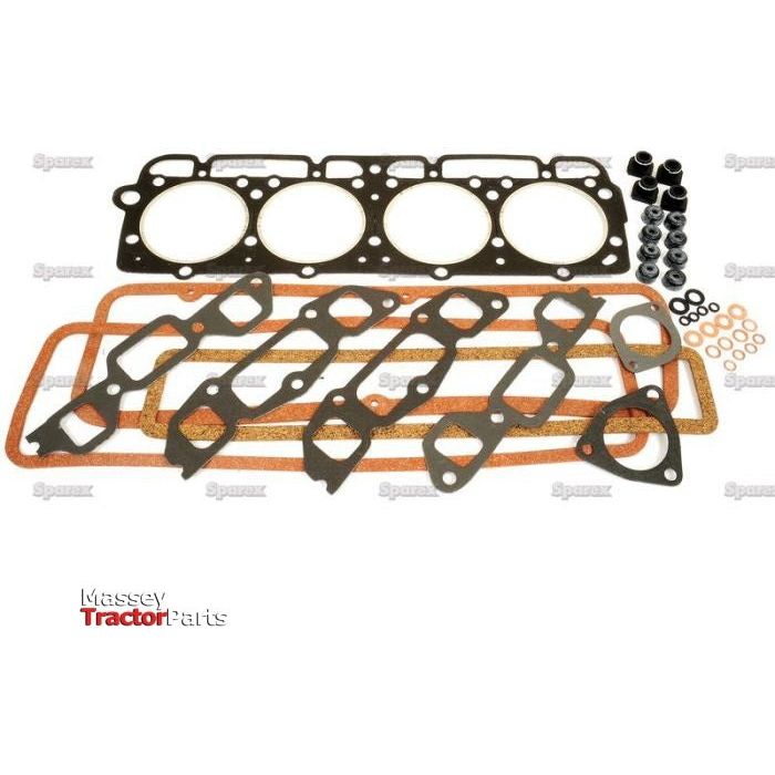 The Top Gasket Set - 4 Cyl. (220) | Sparex Part No.S.66336, a precisely organized kit by Sparex, is designed for Massey Ferguson tractors and compatible with 4-cylinder Ford engines. It includes head gaskets, manifold gaskets, valve seals, and washers.