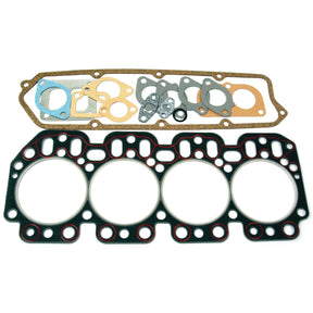 The Sparex Top Gasket Set (Part No.S.72149) for John Deere engines includes a head gasket specifically designed for 4-cylinder models (4.039D, 4.039T, 4.045D, 4.045T, 4.219D, 4.239D, and 4.239T), featuring four round openings, as well as a variety of smaller gaskets in different shapes and sizes.
