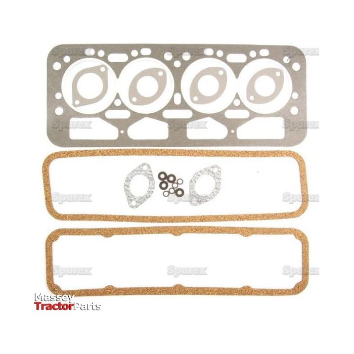 The Top Gasket Set - 4 Cyl. (4/98DT, 38VD, 4/98NT, 4/98TT) by Sparex (Sparex Part No.S.52601) includes a large head gasket, two smaller rectangular gaskets, and small circular seals displayed against a white background.