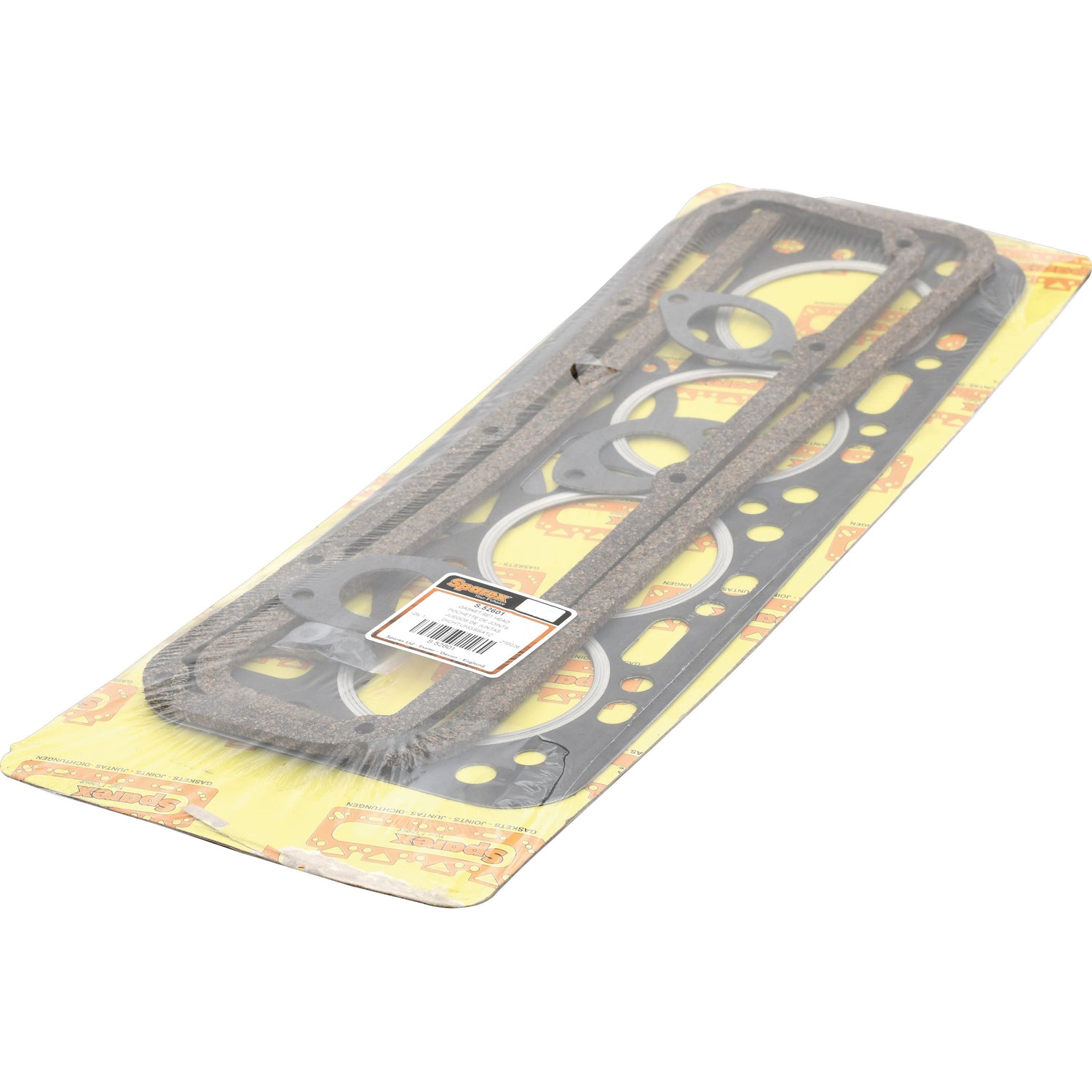 A packaged Top Gasket Set - 4 Cyl. (4/98DT, 38VD, 4/98NT, 4/98TT) for a Leyland Engine is displayed on a yellow background with Sparex branding and text, labeled as Sparex Part No.S.52601.