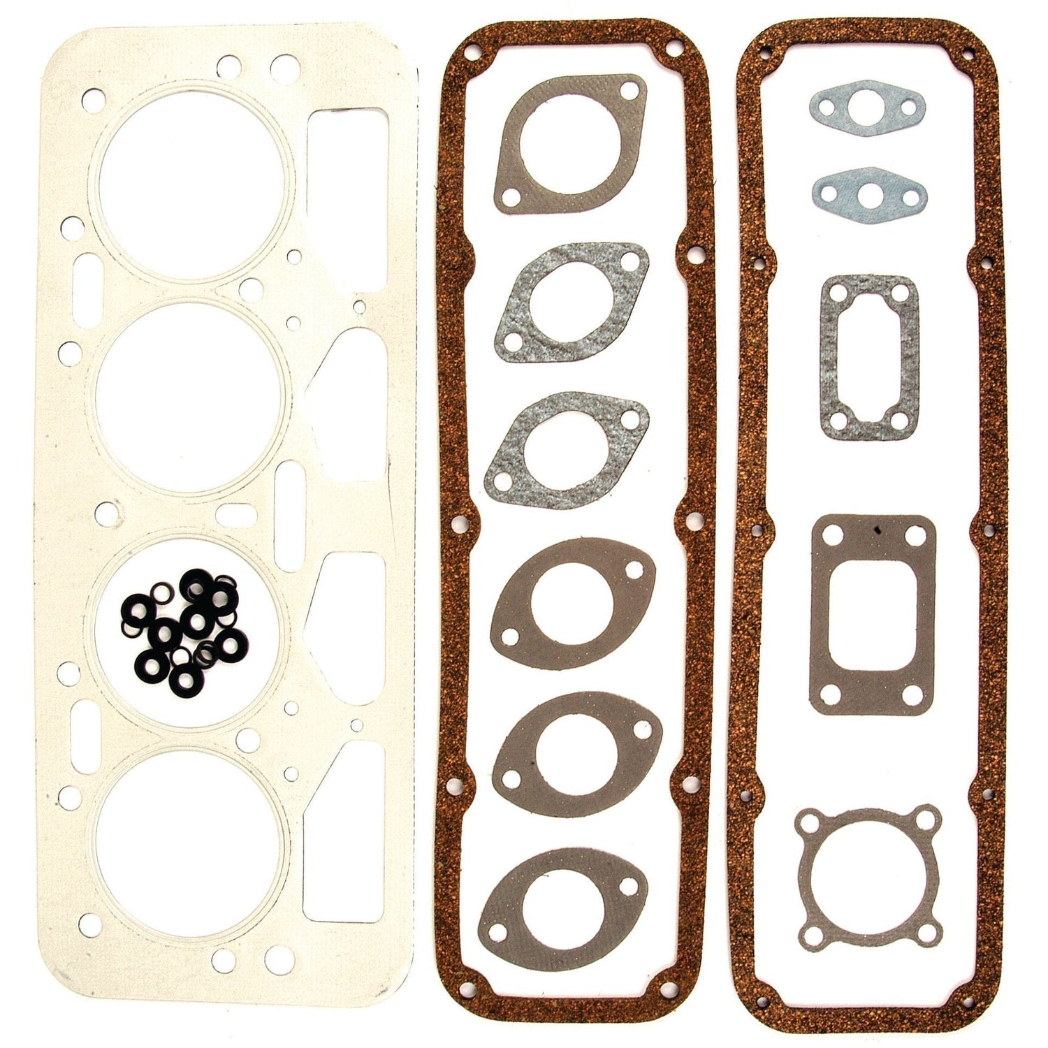 Introducing the Sparex Top Gasket Set (Part No. S.52602) for your 4-cylinder Leyland Engine Models (4/98DT, 38VD, 4/98NT, 4/98TT). This set includes a variety of essential engine gaskets and washers, such as cylinder head gaskets and valve cover gaskets, along with small metal and rubber washers, all neatly arranged on a white surface.