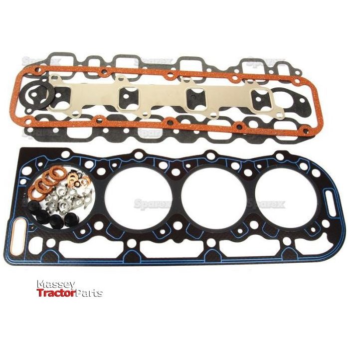 Introducing the Top Gasket Set by Sparex (Part No. S.65297), designed for 4-cylinder engines (BSD442, BSD444, BSD444T, PowerStar 4.4, PowerStar 5, PowerStar 5.0T). This comprehensive set includes a head gasket, valve cover gasket, and various metal washers—all presented against a white background. Compatible with multiple PowerStar models for added versatility.