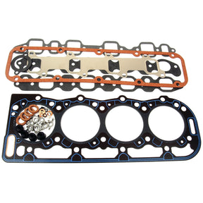 Two engine gaskets along with a collection of metal washers and bolts, part of the Sparex Top Gasket Set - 4 Cyl. (BSD442, BSD444, BSD444T, PowerStar 4.4, PowerStar 5, PowerStar 5.0T) | Sparex Part No.S.65297 for a Ford Engine, displayed on a white background.