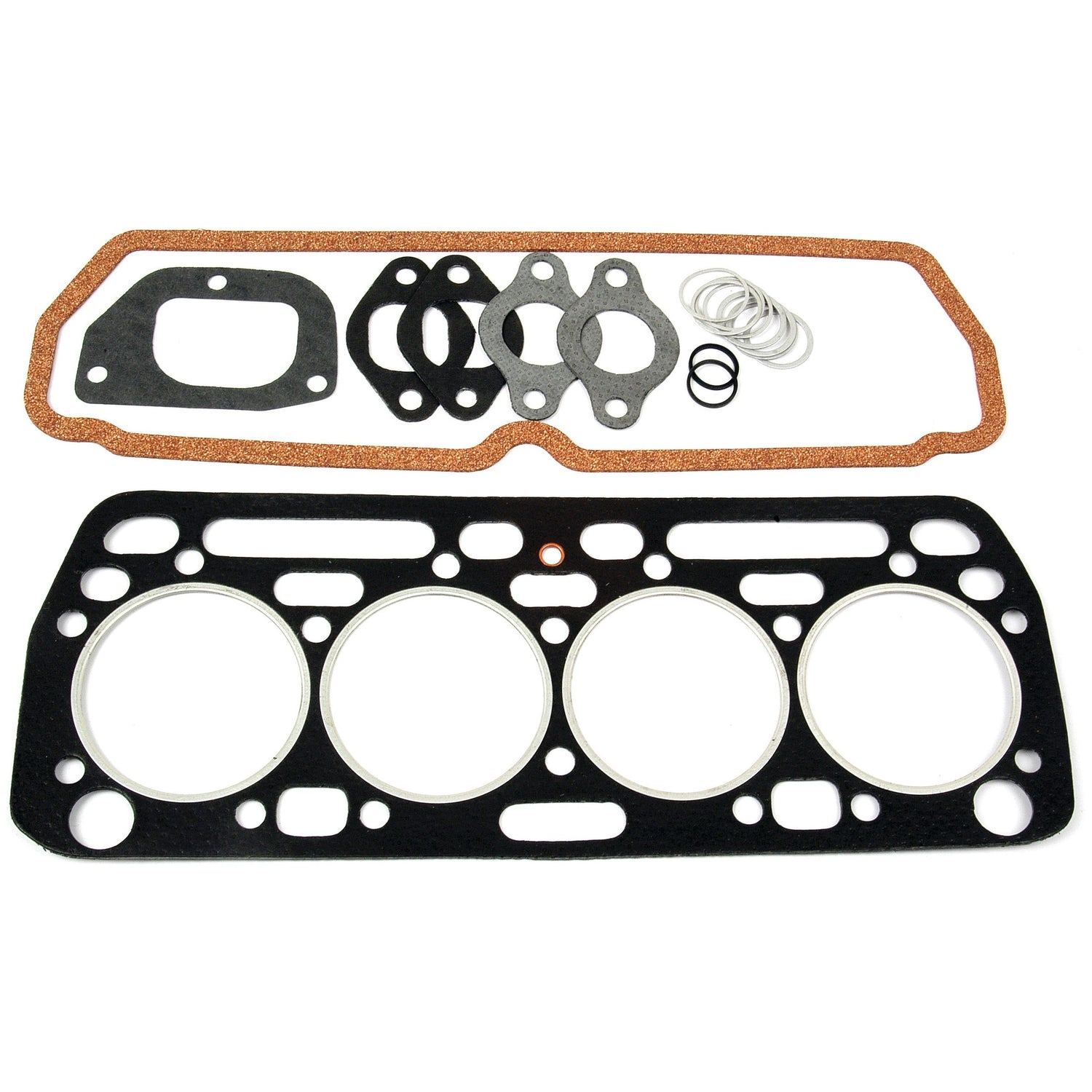 An assortment of engine gaskets, including the BD144 and BD154 cylinder head gaskets and seals from the Sparex Top Gasket Set - 4 Cyl. (Sparex Part No. S.57677), placed on a white background.