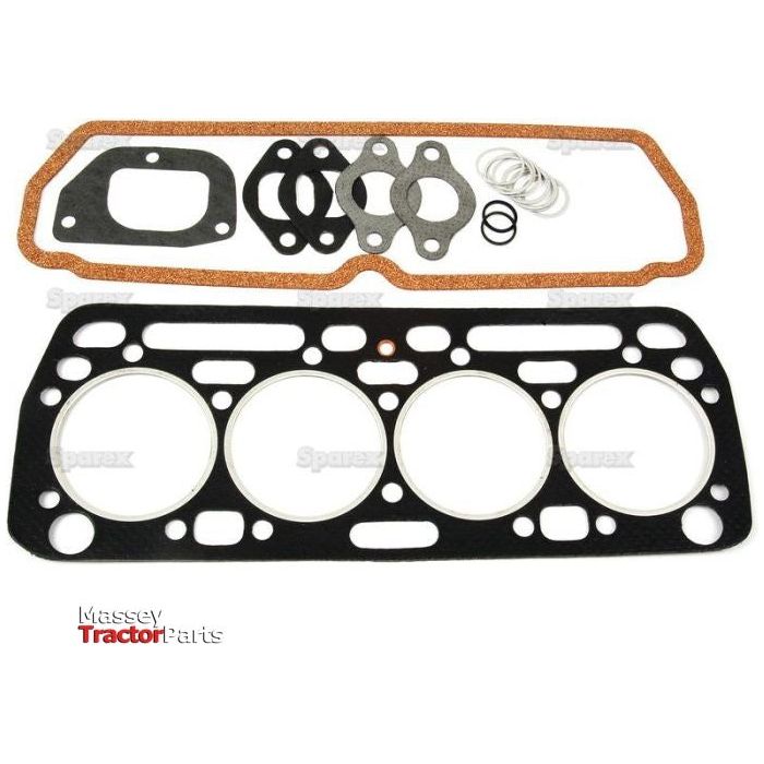 A set of Top Gasket Set - 4 Cyl. (BD144, BD154) | Sparex Part No.S.57677 for tractor parts is displayed on a white background. The image includes various sizes and shapes of gaskets from the Sparex brand, arranged neatly in two rows.