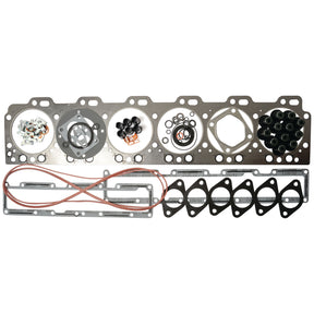 The Sparex Top Gasket Set - 6 Cyl. (8.3, 6C, 6CT, 6CTA, 6CTAS) | Part No. S.67980 for Cummins engines is meticulously laid out on a white surface, including head gaskets, valve cover gaskets, O-rings, and other essential components.

