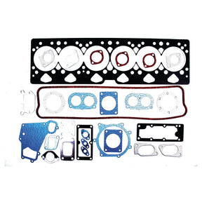 Various automotive gaskets arranged on a white background, including head gaskets, exhaust manifold gaskets, and other sealing components, perfect for maintaining your Perkins Engine or Massey Ferguson. This Sparex Top Gasket Set - 6 Cyl. (A6.354, A6.354.1, A6.354.4) | Sparex Part No.S.40601 ensures a reliable seal for optimal performance.
