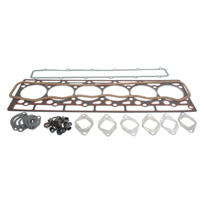 A Top Gasket Set - 6 Cyl. (Sparex Part No.S.57679) from Sparex, including a large multi-hole gasket for a Case IH / International Harvester 6 Cylinder engine, metallic gaskets, rubber seals, and black bolts, all arranged on a white background.