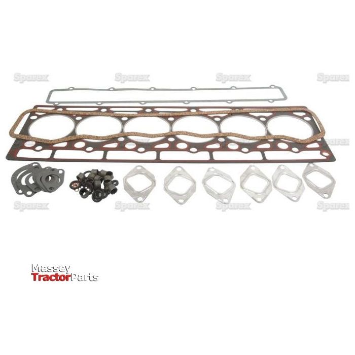 A Top Gasket Set for a 6 Cylinder engine, featuring head gaskets, intake gaskets, exhaust gaskets, and various screws, presented on a white background. The Massey Tractor Parts logo is visible. Ideal for Case IH / International Harvester models. Sparex Part No.S.57679 by Sparex.