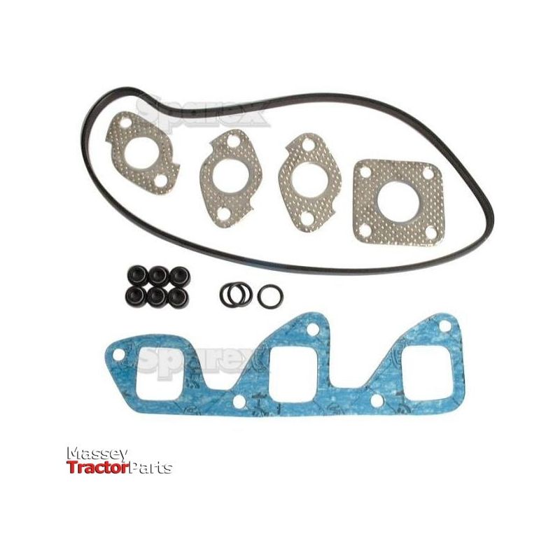 A range of gaskets and seals, including a blue gasket, rubber ring seals, and a rubber band, arranged on a white background. Text reads "Top Gasket Set | Sparex Part No.S.71934 - Also compatible with Massey and Kubota models by Sparex.