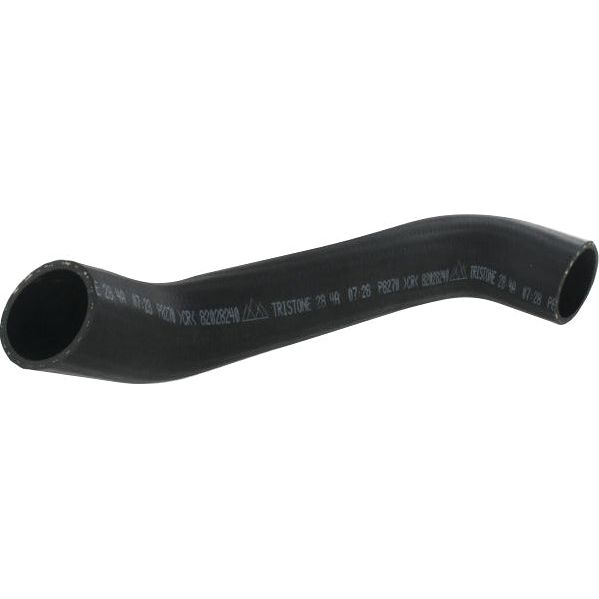 Sparex Top Hose, featuring a black curved design made of rubber with printed specifications in white text, is compatible with Ford/New Holland vehicles. The hose has an inner diameter of 49.5mm at both ends. (Sparex Part No.S.140990)
