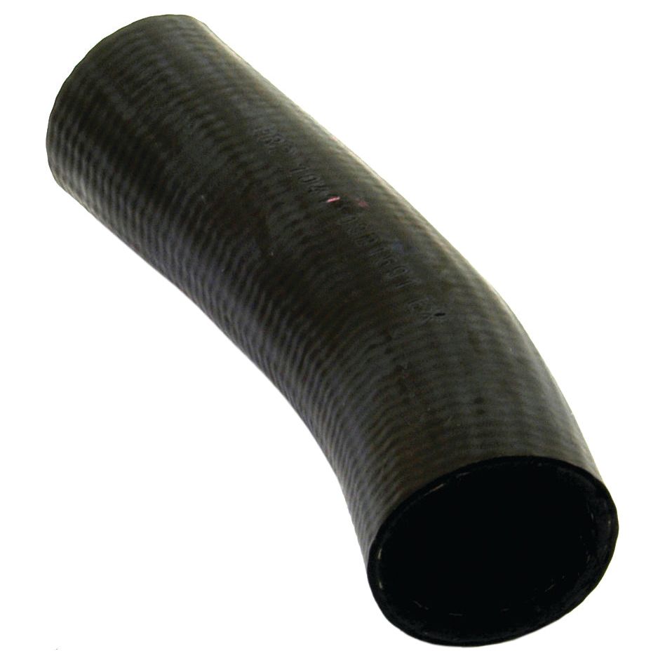 A black, slightly curved, rubber hose with a smooth surface placed against a plain white background, secured with a Sparex Massey Ferguson Top Hose Clip (Sparex Part No. S.40016), featuring an inner diameter of 38mm at both ends.