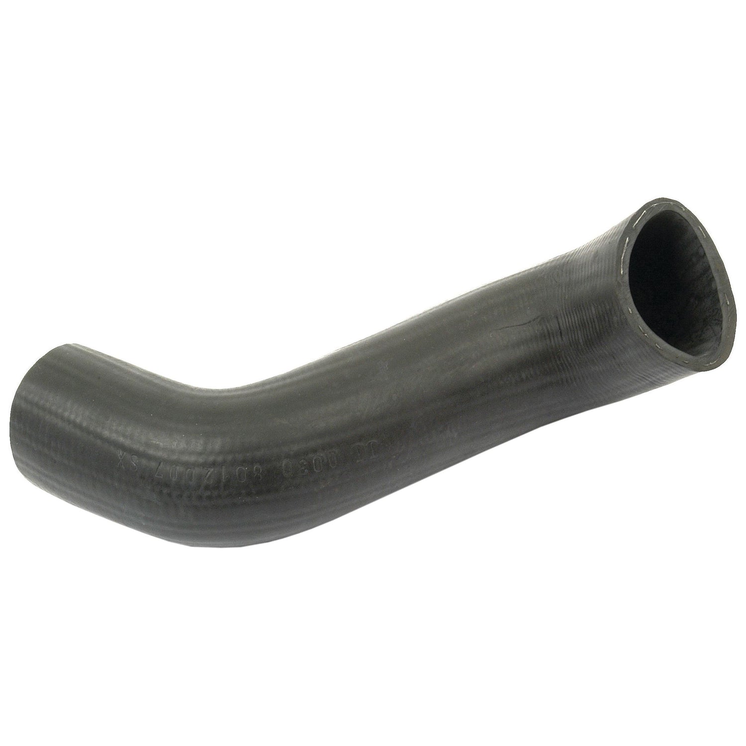 A black curved rubber hose with a smooth texture and cylindrical shape, likely used for automotive or industrial purposes, such as in Ford New Holland machinery, is the Sparex Top Hose (Sparex Part No. S.65007) with an inner diameter of 44mm at the smaller end and 45mm at the larger end.