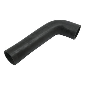 The Top Hose by Sparex (Sparex Part No. S.43126) is a black, L-shaped rubber hose with a smooth texture and open ends, each having an inner diameter of 48.5mm at both the smaller and bigger ends, secured with a hose clip, ideal for fluid or air transfer in mechanical systems.