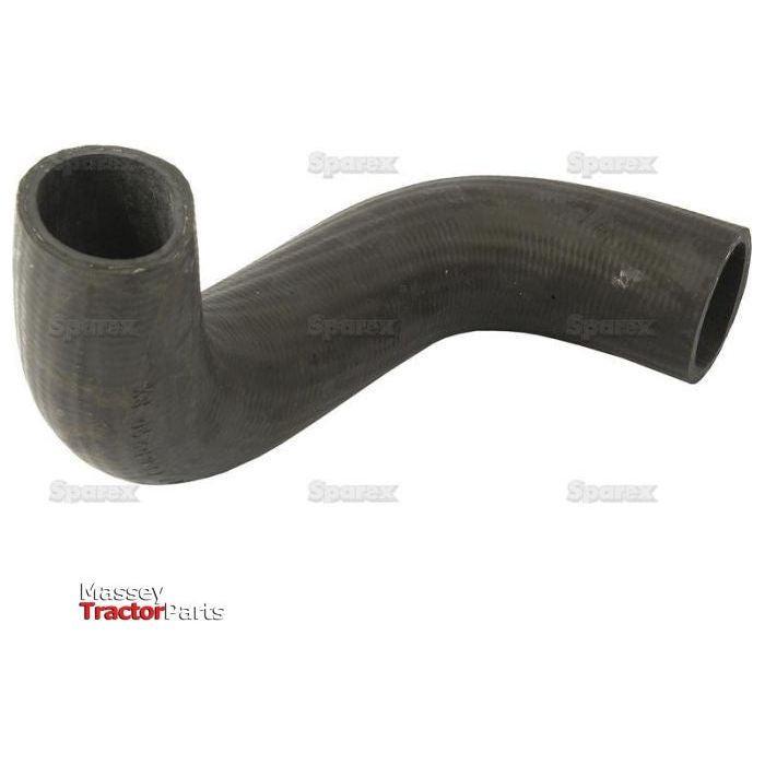 A black, curved Sparex rubber hose (Top Hose) with visible text in the background. The Massey Tractor Parts logo is in the bottom left corner. The hose features an inner diameter of 38mm at the smaller end and 40mm at the bigger end.