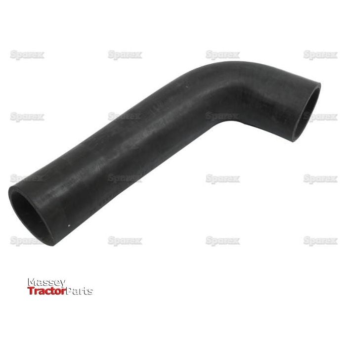 A black, L-shaped rubber tractor hose, identified as the Top Hose with inner diameters of 48.5mm on both ends (Sparex Part No. S.43126), is displayed against a white background featuring a faint "Sparex" pattern. The Massey Tractor Parts logo is visible in the lower left corner, and a hose clip is subtly attached for secure fitting.