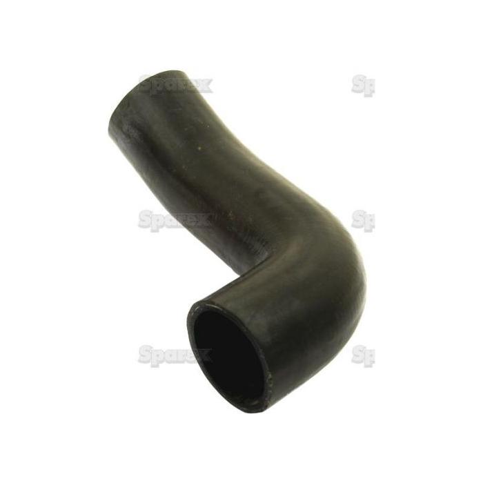 A black Top Hose, made of rubber and bent at a 90-degree angle, with an inner diameter of 48mm at the smaller end and 50mm at the bigger end, isolated on a white background. This hose is commonly used in Perkins engines and is available as Sparex Part No.S.41828.