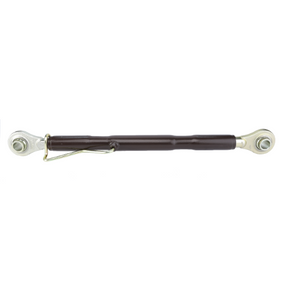 The AGCO Massey Ferguson - Top Link - 1660050M91 is a heavy duty top link designed for Massey Ferguson tractors, featuring a metal turnbuckle with a brown center shaft and silver-colored end fittings, complete with a locking pin on one side.