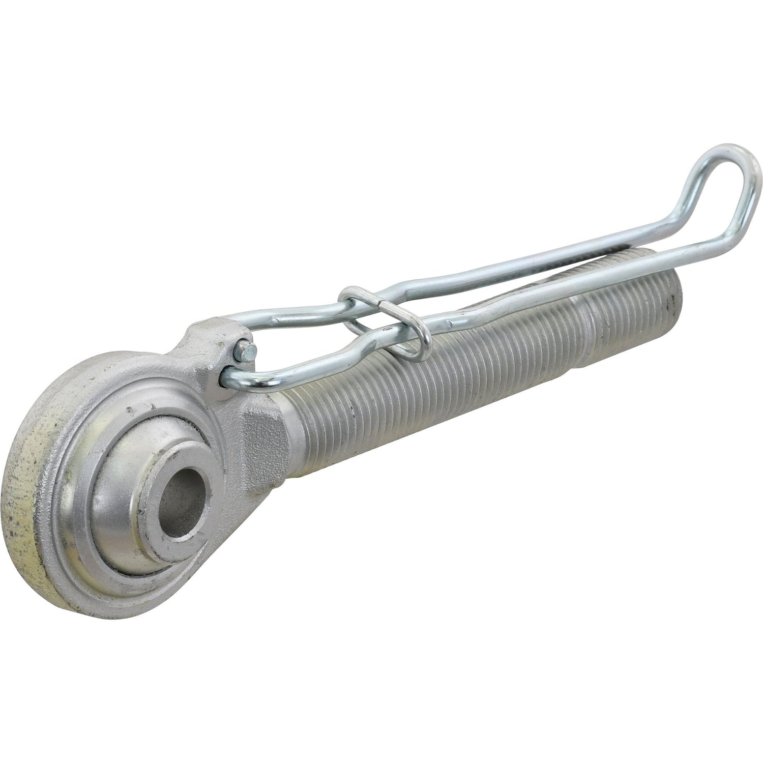 The Top Link Ball End - M30x3 Metric - Cat.1 by Sparex (Part No.S.29431) is a metallic turnbuckle featuring a hook and an eyelet, with a threaded body for precise adjustments and a spring-loaded latching mechanism.