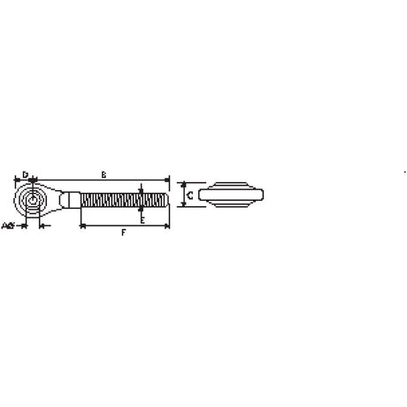 Technical drawing of the Top Link Ball End - 1 1/8'' UNC - Cat.2 (Sparex Part No. S.385) by Sparex with labeled dimensions: A-F for length, D-E for varying diameters, and a side profile view on the right, including detailed measurements for overall length and thread length.