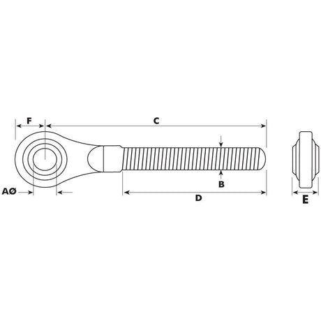 Technical drawing of the Top Link Ball End - 1 1/4'' UNC - Cat.2 (Sparex Part No.S.4916075) from Sparex, showing dimensions A, B, C, D, E, and F, including thread length. The side and top views provide detailed reference points.