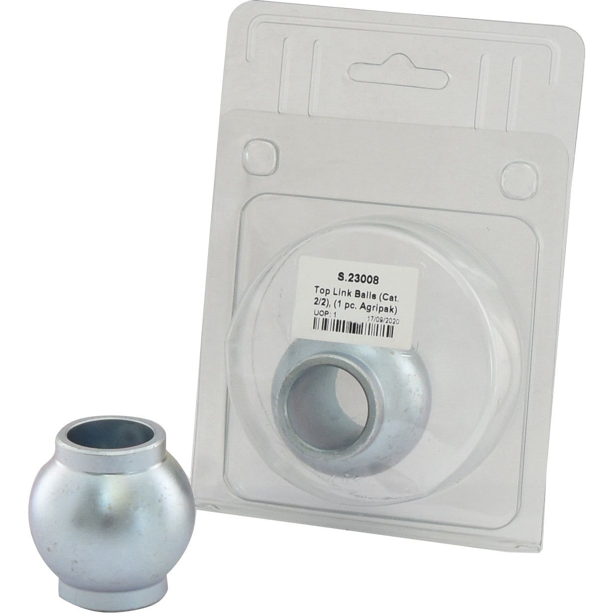 A metallic spherical top link ball made from 20Mncr5 Steel is shown. One ball, packaged in a clear plastic container with Agripak's labeled cardboard backing, is named Top Link Balls (Cat. 2/2), (1pc. Agripak) - S.23008 by Sparex, while another identical ball marked S.33008 is displayed outside the packaging.